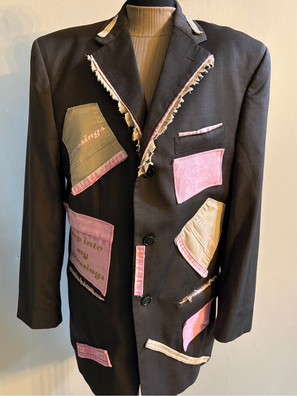 Black Patchwork Blazer with Pink & Tan Accents